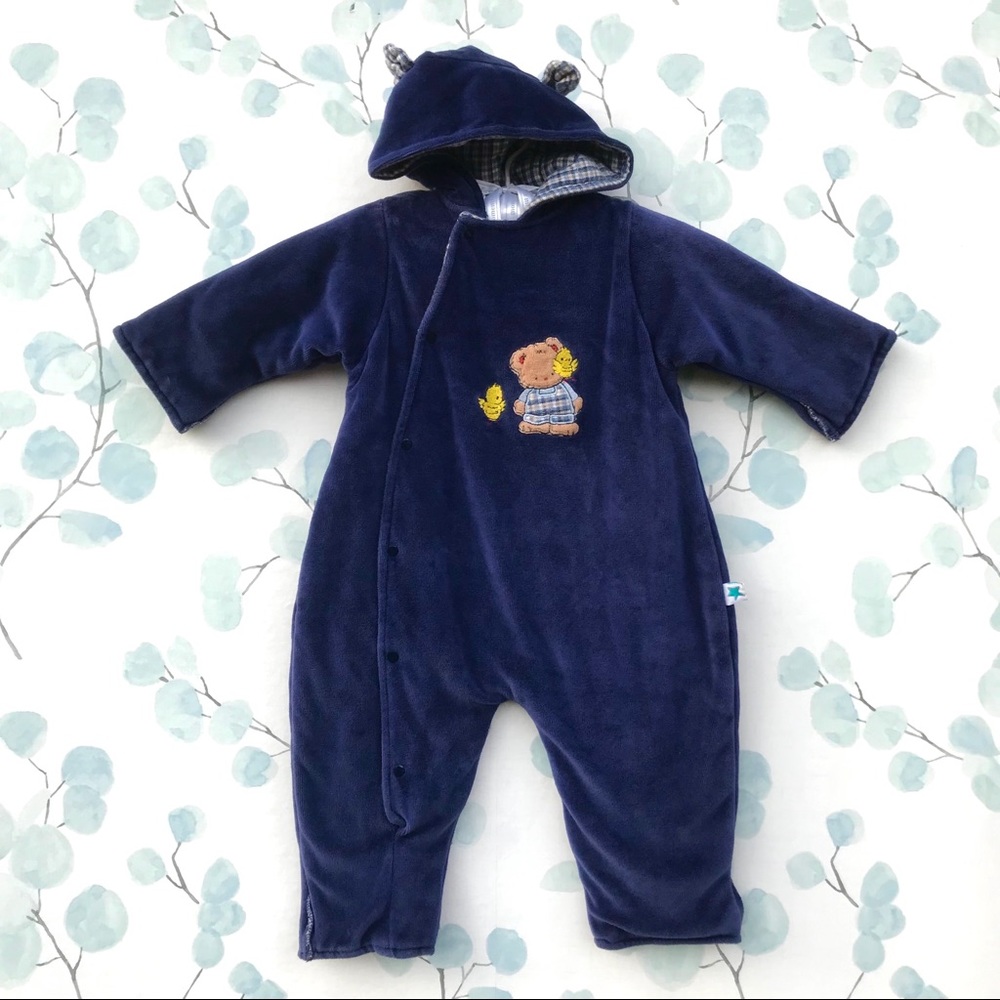 3 for $15 Little Me Baby Navy Blue Velour Plaid Check One Piece Sleeper Hoodie